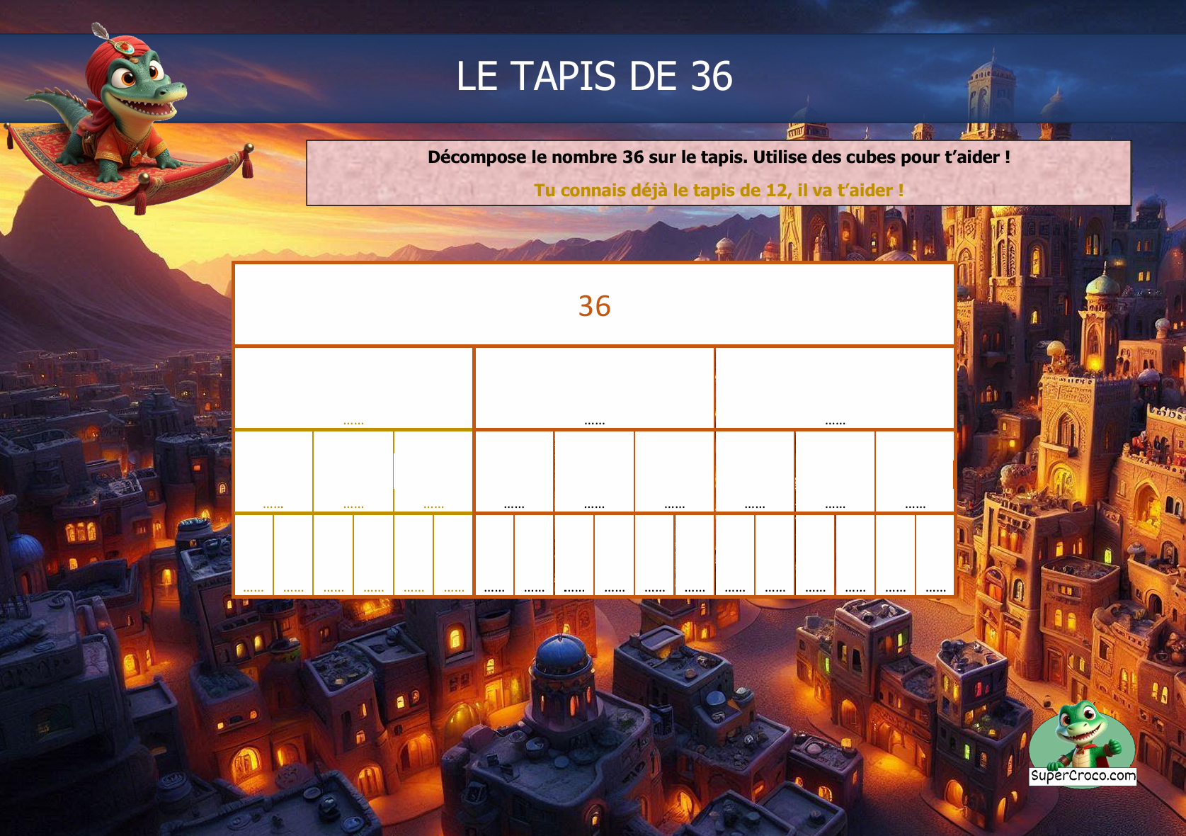 Tapis de nombre pour décomposer le nombre 36 avec des cubes, présenté ligne par ligne, avec un code couleur pour visualiser les regroupements.