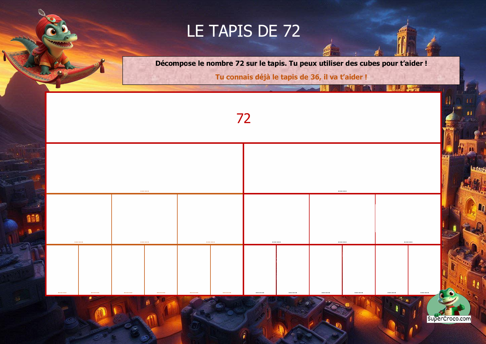 Tapis de nombre pour décomposer le nombre 72 avec des cubes, présenté ligne par ligne, avec un code couleur pour faciliter la visualisation des regroupements.