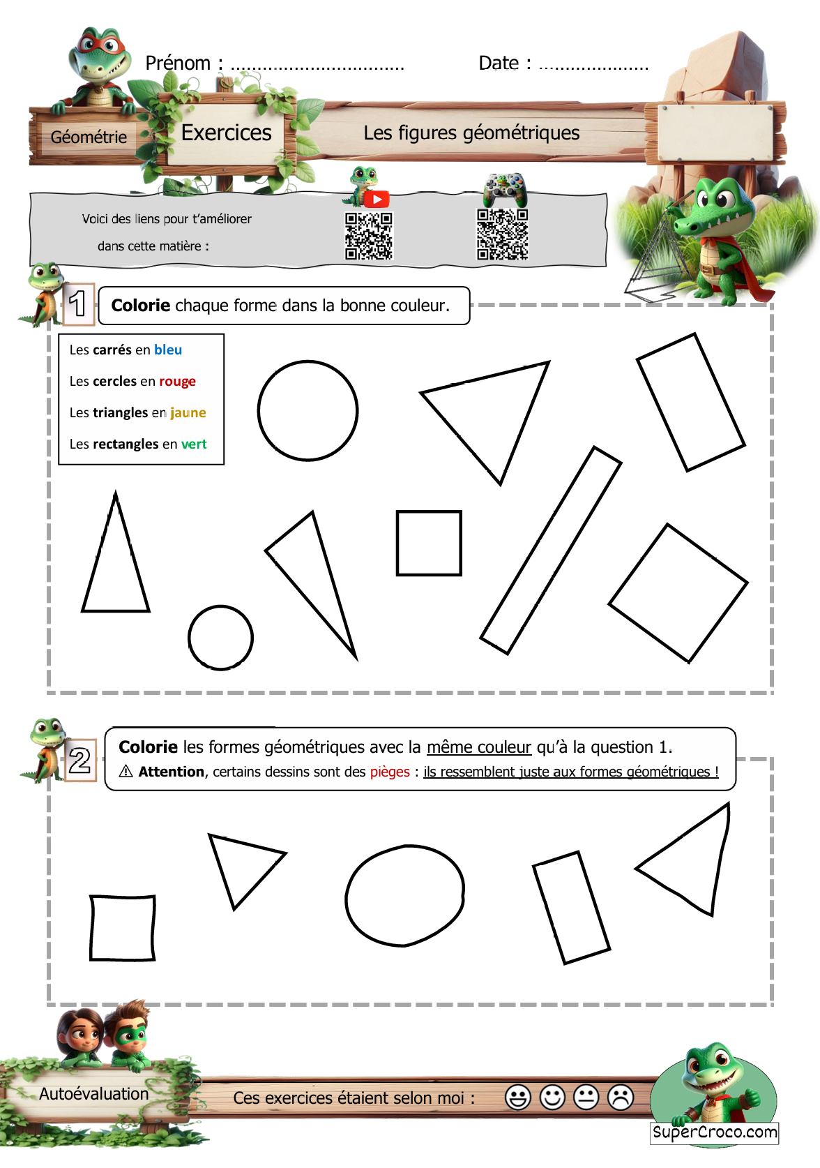 Feuille d'exercices pour les élèves de CP, sur la reconnaissance des figures géométriques : carré, cercle, triangle et rectangle, avec des activités pour colorier les formes et repérer les intrus.
