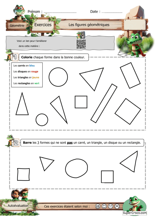 Feuille d'exercices pour les enfants de Première Primaire, portant sur la reconnaissance des figures géométriques : carré, disque, triangle et rectangle, avec des activités ludiques pour colorier et repérer les intrus.