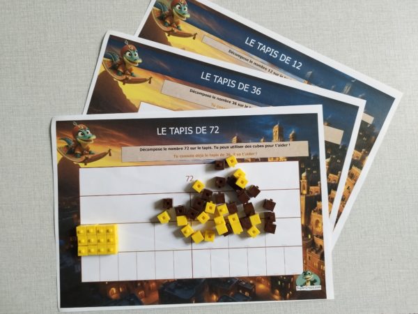 Tapis de nombres pour décomposer 12, 36 et 72 avec des cubes, conçu pour les élèves de deuxième primaire (CE1).