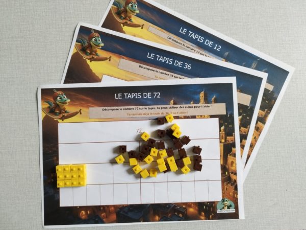 Tapis de nombres pour décomposer 12, 36 et 72 avec des cubes, conçu pour les élèves de deuxième primaire (CE1).