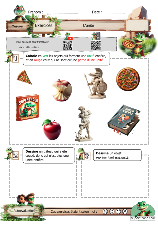 Image illustrant une feuille d'exercices pour les enfants de CP, avec des activités sur la compréhension de l'unité à travers des dessins et du coloriage.
