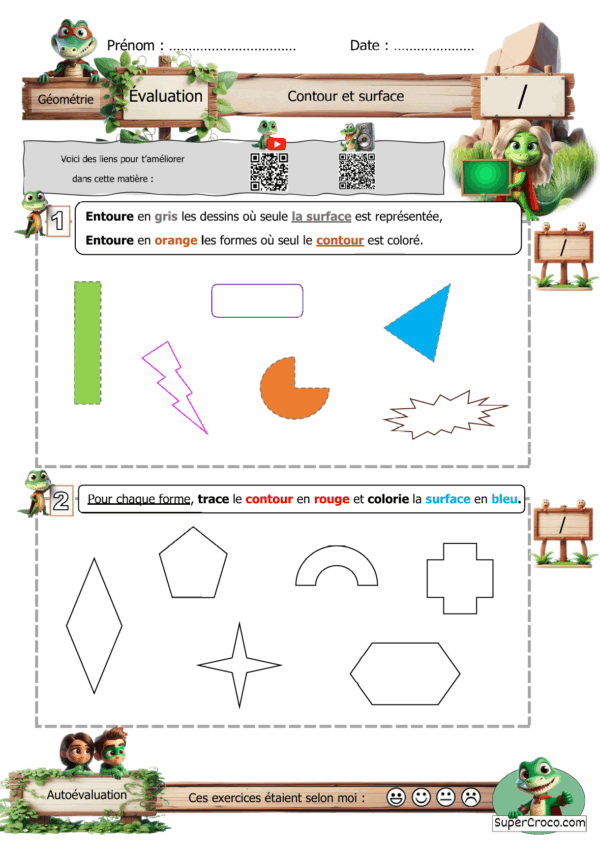 Un exercice de géométrie pour enfants où l’on demande de colorier les surfaces et de tracer les contours de figures.