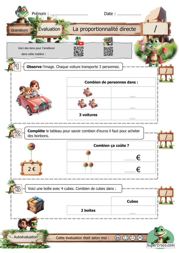 Feuille d’évaluation sur la proportionnalité directe pour la Première et Deuxième primaire