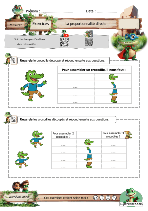 Feuille d’exercices sur la proportionnalité directe en Première primaire, avec un crocodile en pièces détachées à observer.