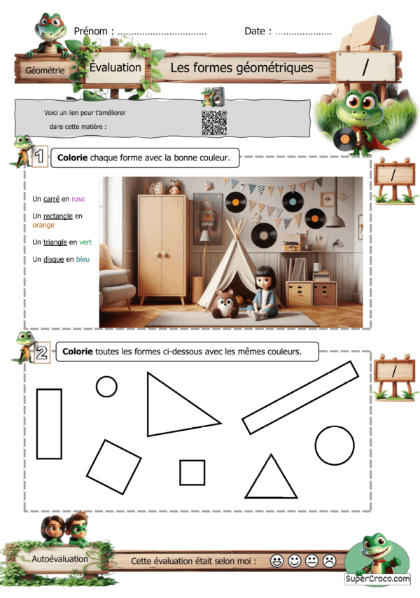 Feuille d’évaluation belge sur les formes géométriques pour la Première Primaire, avec un dessin d’une chambre d’enfant contenant un triangle, un carré, un rectangle et un disque à colorier, et un QR code vers une chanson.