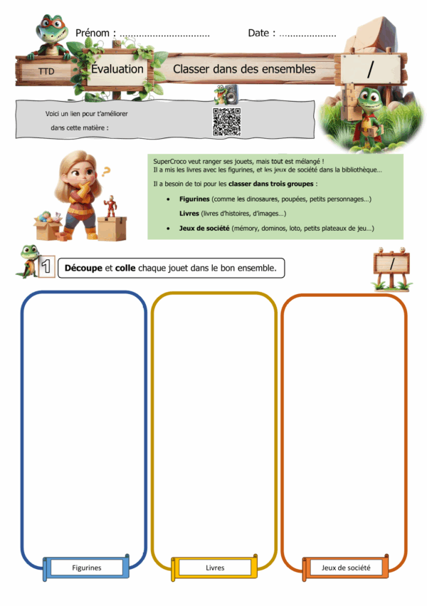 Image montrant une évaluation de mathématiques en P1 sur le classement d’objets dans des ensembles (figurines, livres, jeux de société).
