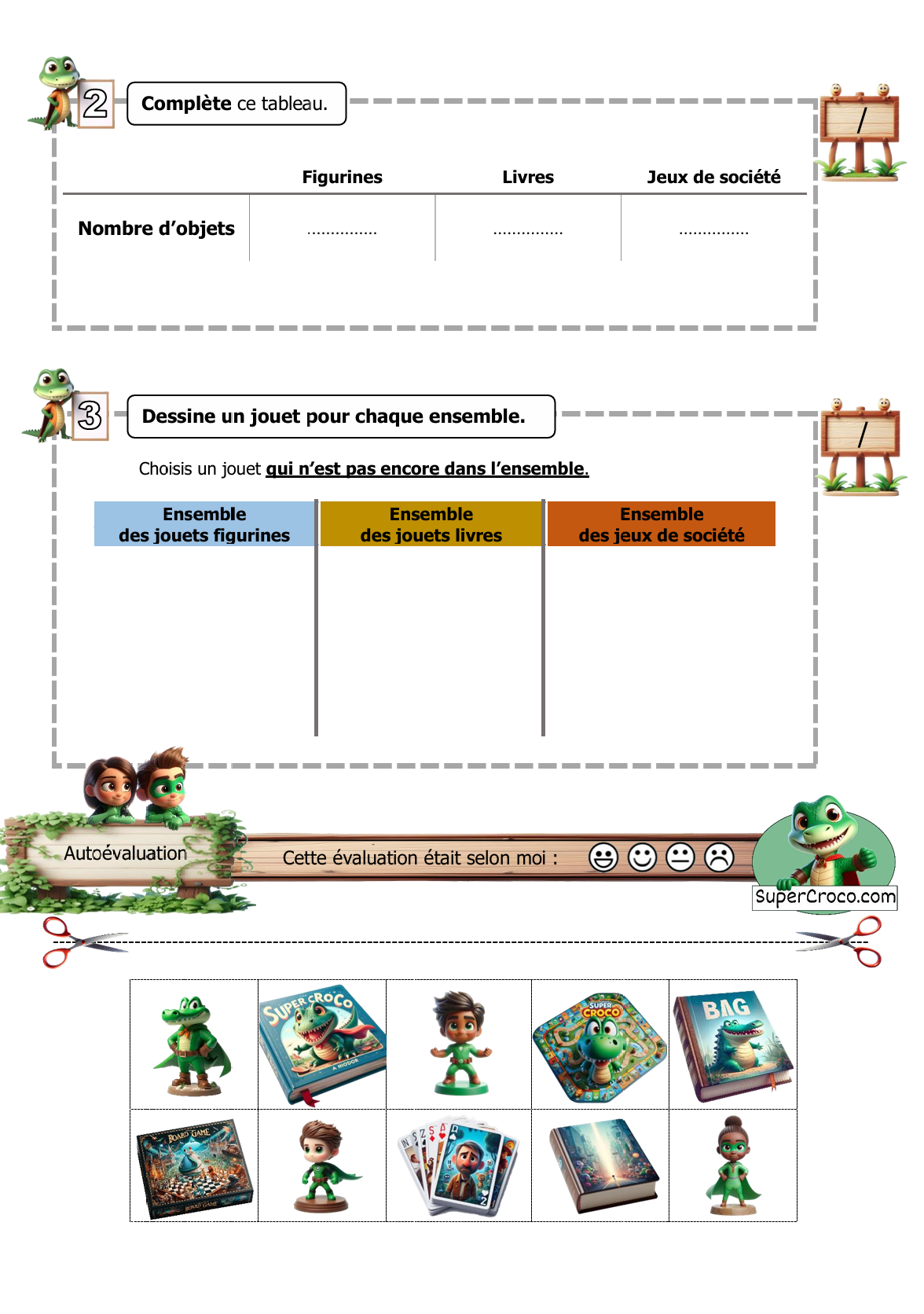 Image montrant un tableau à compléter et un espace pour dessiner un objet dans chaque ensemble en mathématiques Première Primaire (CP).