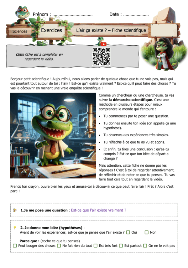 Image de la fiche pédagogique sur la démarche scientifique, avec une introduction illustrée et les deux premières étapes : question et hypothèse.