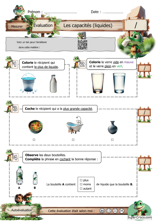 Image de la fiche d’évaluation sur les capacités liquides pour la Première ou Deuxième Primaire avec des contenants à comparer.
