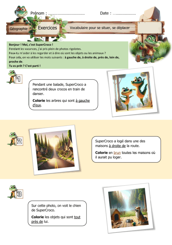 Feuille d’exercices de géographie sur le repérage spatial avec SuperCroco – Introduction et trois premières questions illustrées.