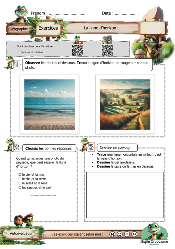 Feuille d’exercice sur la ligne d’horizon avec photos de paysages, questions à choix multiples, dessin d’un paysage et QR codes vers une musique et une vidéo.
