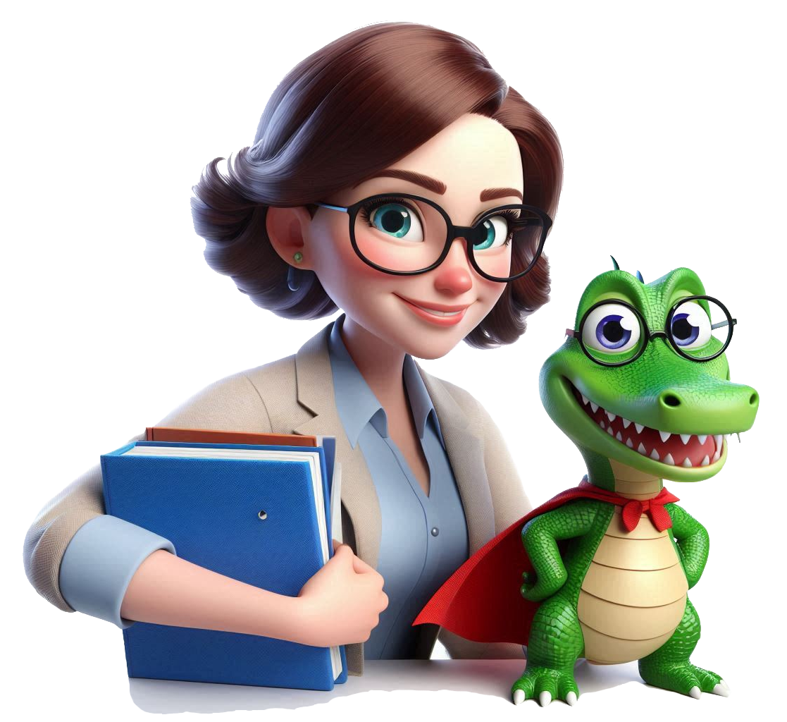 Une institutrice souriante travaille avec SuperCroco, la mascotte éducative, pour aider les enfants à apprendre en classe.