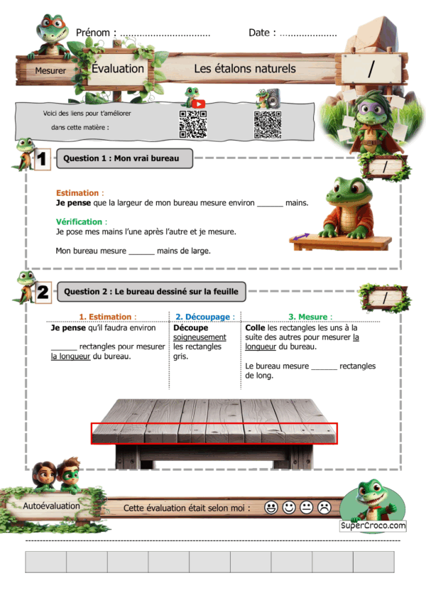 Feuille d’évaluation de mathématiques pour les élèves de deuxième primaire / CE1 sur les étalons naturels, avec un bureau à mesurer et des rectangles à découper.