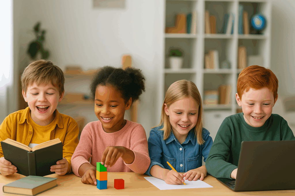 Quatre enfants de l’enseignement primaire souriants, chacun engagé dans une activité différente : lecture, manipulation de cubes, écriture sur une feuille et utilisation d’un ordinateur portable.