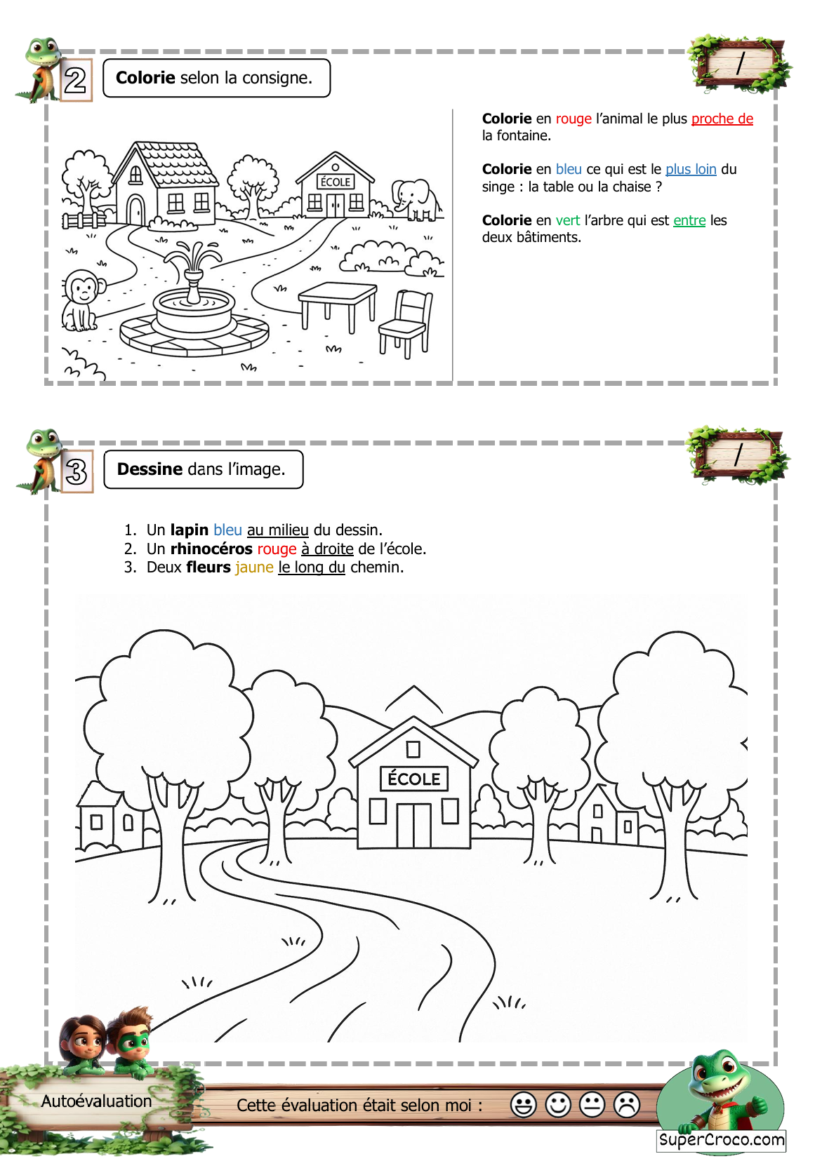 Deuxième page d’évaluation géographique pour CE1 avec exercices de coloriage, dessin dirigé et autoévaluation.