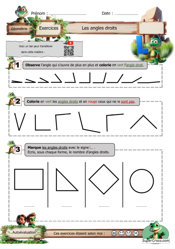 Feuille d’exercices P2 sur les angles droits avec des activités pour reconnaitre et compter les angles droits.