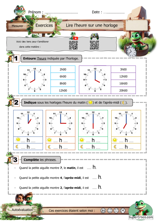 Feuille d’exercices sur les heures pleines pour élèves de P2 CE1 avec horloges et distinction matin après-midi.