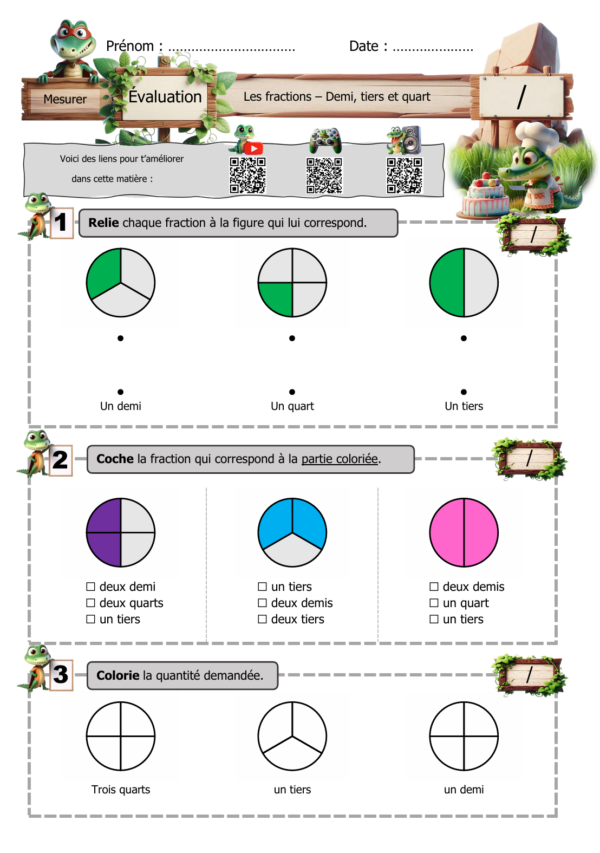 Évaluation de mathématiques P2 sur les fractions avec des exercices pour relier, reconnaître et colorier le demi, le tiers et le quart.