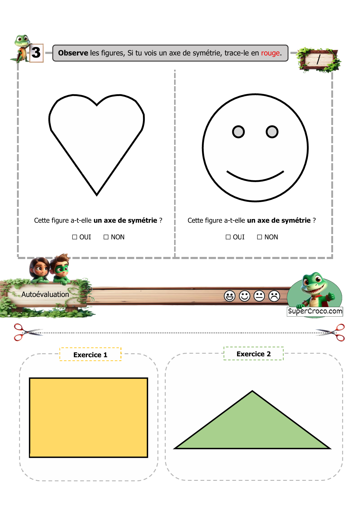 Évaluation de géométrie P2 CE1 demandant d’observer une tête et un smiley pour tracer l’axe de symétrie identifié.