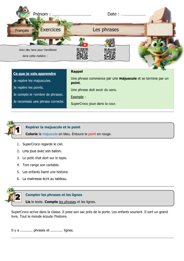 Feuille d’exercices P2 / CE1 sur la phrase, avec activités pour repérer les majuscules, les points et compter les phrases.