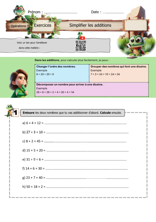 Feuille d’exercices sur la simplification des additions pour les élèves de P2 / CE1, avec des calculs à simplifier et des stratégies de calcul réfléchi.