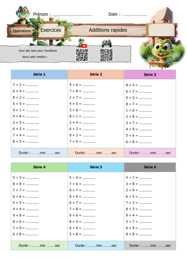 Feuille d’exercices d’additions rapides U + U pour P2 / CE1, avec 6 séries de 10 calculs à compléter.