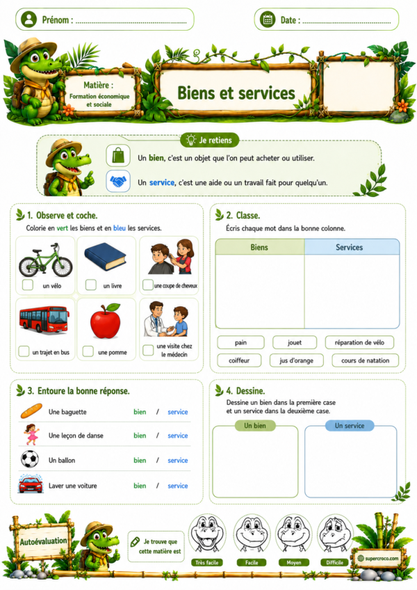 Feuille d’exercices sur les biens et les services pour élèves de P2 / CE1, avec des activités d’observation, de classement et de dessin.