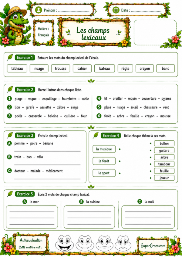 Feuille d’exercices de français sur les champs lexicaux pour élèves de P2 / CE1, avec activités de classement de mots, intrus et associations.