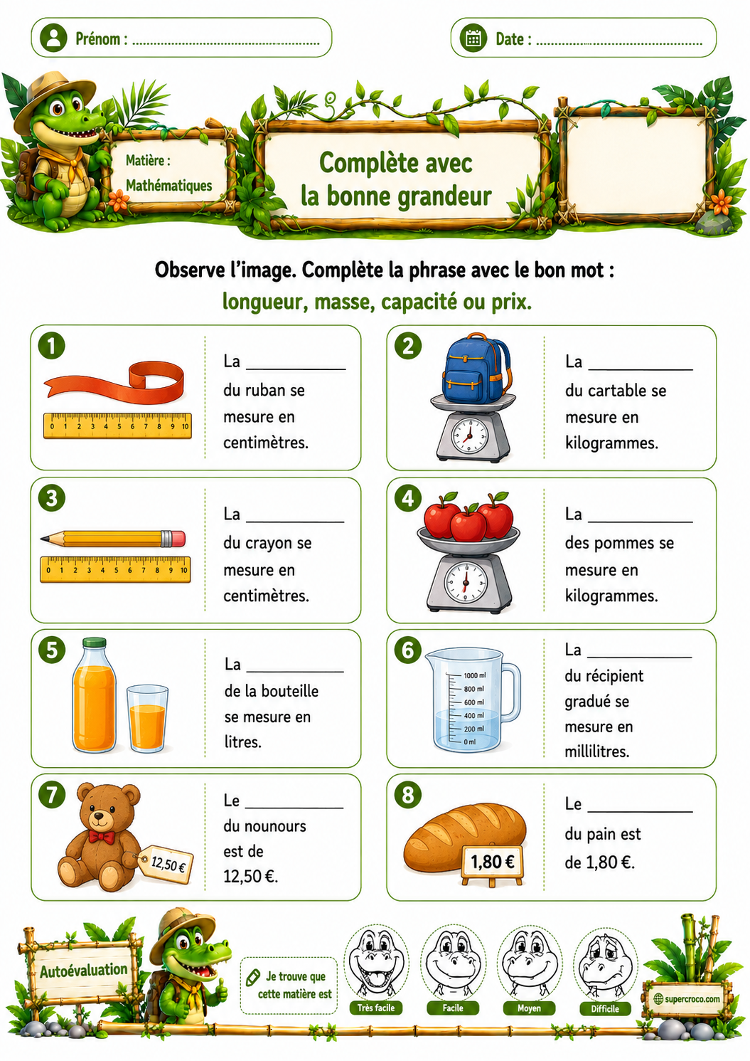 Feuille d’exercices de mathématiques sur les grandeurs longueur, masse, capacité et prix pour élèves de P2 / CE1.
