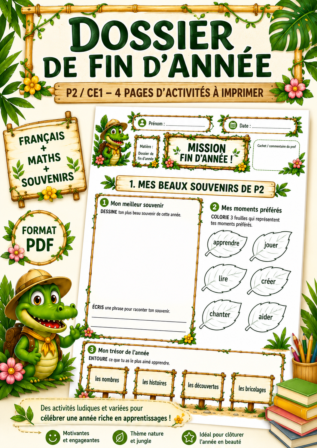 Image de présentation d’un dossier de fin d’année P2 / CE1 sur le thème de la jungle, avec un aperçu de la première feuille d’activités.