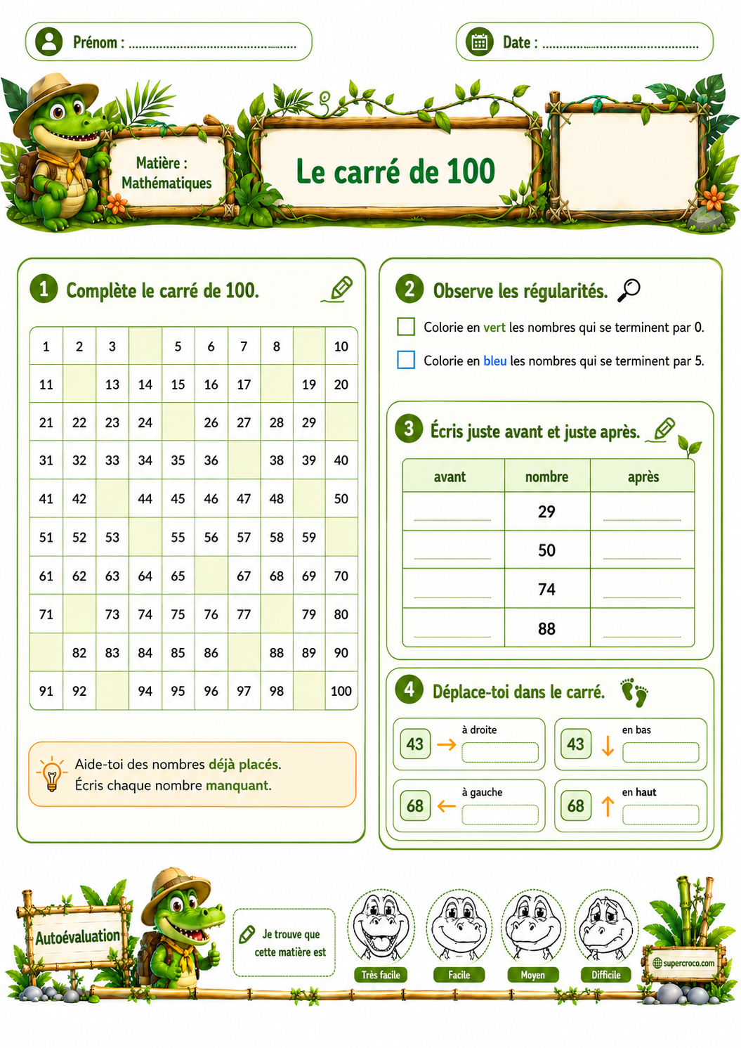 Feuille d’exercices de mathématiques sur le carré de 100 pour élèves de P2 / CE1, avec un tableau numérique à compléter, des activités sur les régularités et une autoévaluation avec smileys.