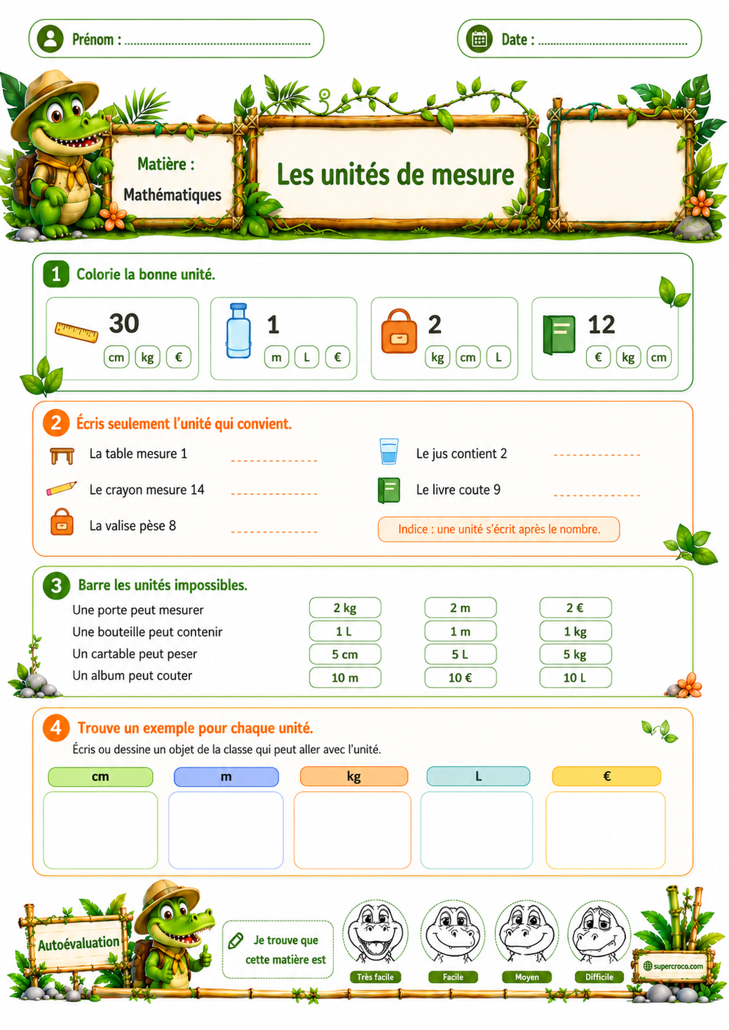 Feuille d’exercices illustrée sur les unités de mesure pour élèves de P2 en Belgique et de CE1 en France, avec activités sur les cm, m, g, kg, cl et l.
