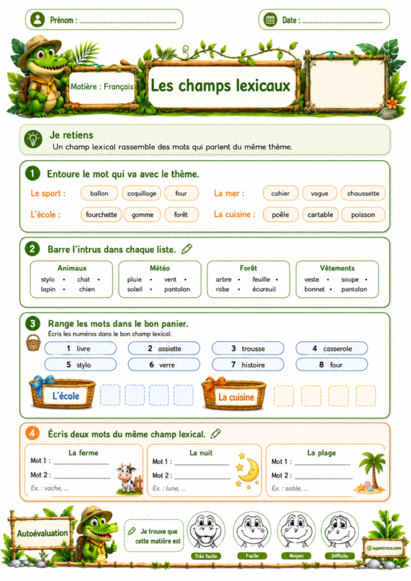 Feuille d’exercices colorée sur les champs lexicaux pour P2 / CE1, avec des activités pour classer des mots par thème, repérer l’intrus et enrichir le vocabulaire.