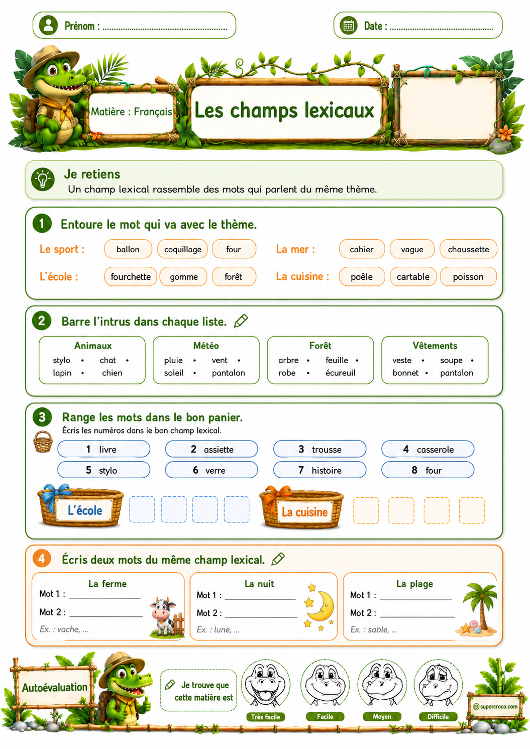Feuille d’exercices colorée sur les champs lexicaux pour P2 / CE1, avec des activités pour classer des mots par thème, repérer l’intrus et enrichir le vocabulaire.