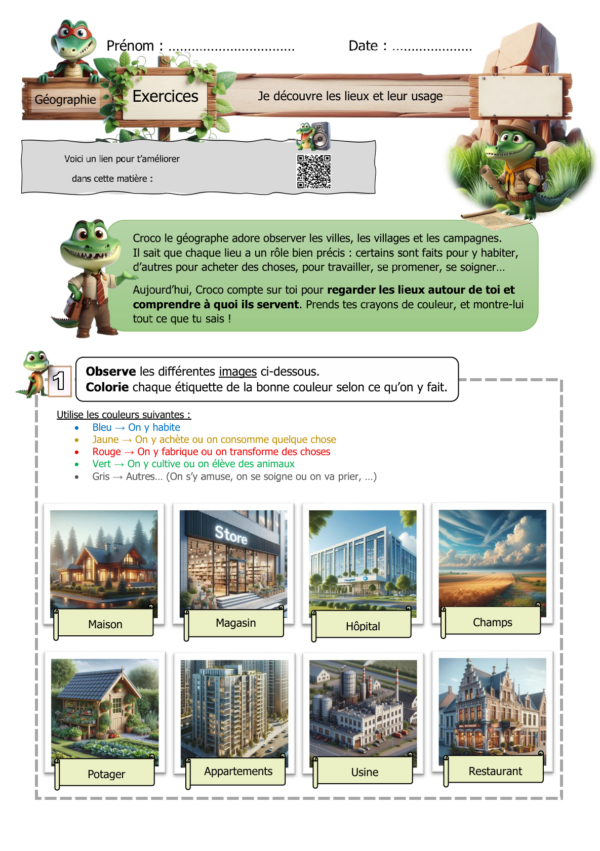 Feuille d’exercices de géographie pour P2 / CE1 sur les lieux et leur usage, avec des images de maison, magasin, usine, champs, potager, restaurant et hôpital à classer par fonction.