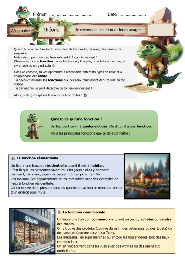Page de théorie de géographie pour P2 / CE1 intitulée « Je reconnais les lieux et leurs usages ». On y voit une présentation illustrée avec SuperCroco en explorateur, une explication sur la fonction d’un lieu, puis deux exemples détaillés : la fonction résidentielle avec une maison et la fonction commerciale avec un magasin.