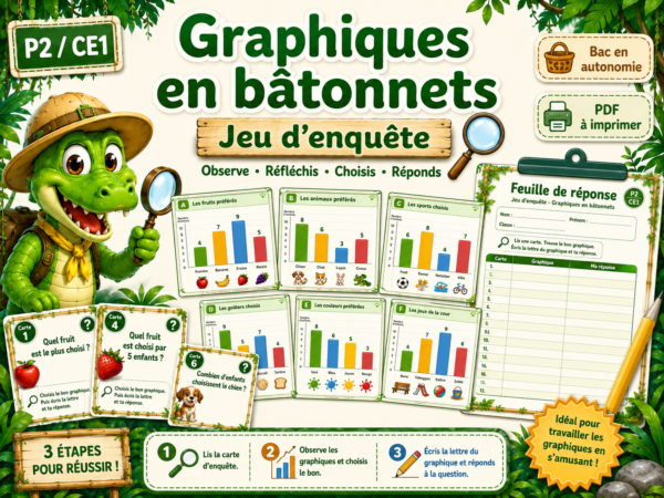 Jeu éducatif sur les graphiques en bâtonnets pour les élèves de P2 / CE1, avec un crocodile explorateur, des cartes enquêtes, des graphiques colorés, une feuille de réponse et un design jungle sur le thème SuperCroco.