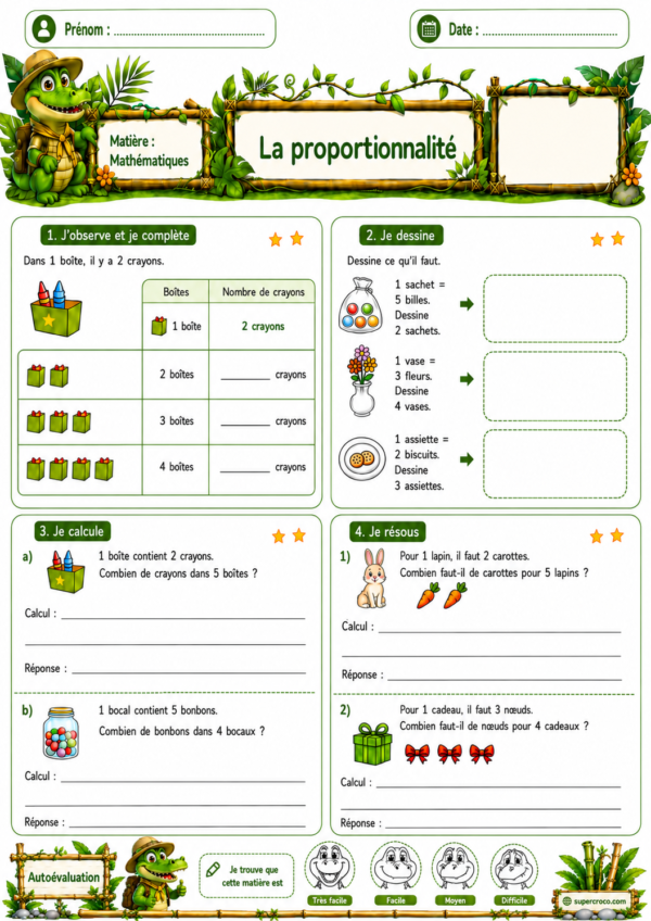 Feuille d’exercices colorée sur la proportionnalité directe pour P2 / CE1, avec des situations illustrées, des tableaux à compléter et un bas de page d’autoévaluation avec smileys.