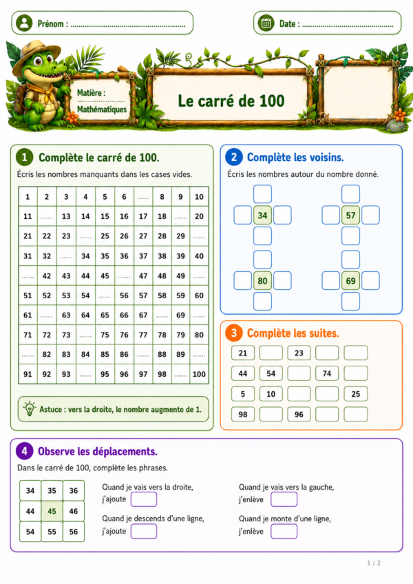 Feuille d’exercices de mathématiques sur le carré de 100 pour les élèves de P2 / CE1, avec des activités pour compléter le tableau, trouver les voisins des nombres, poursuivre des suites et observer les déplacements.