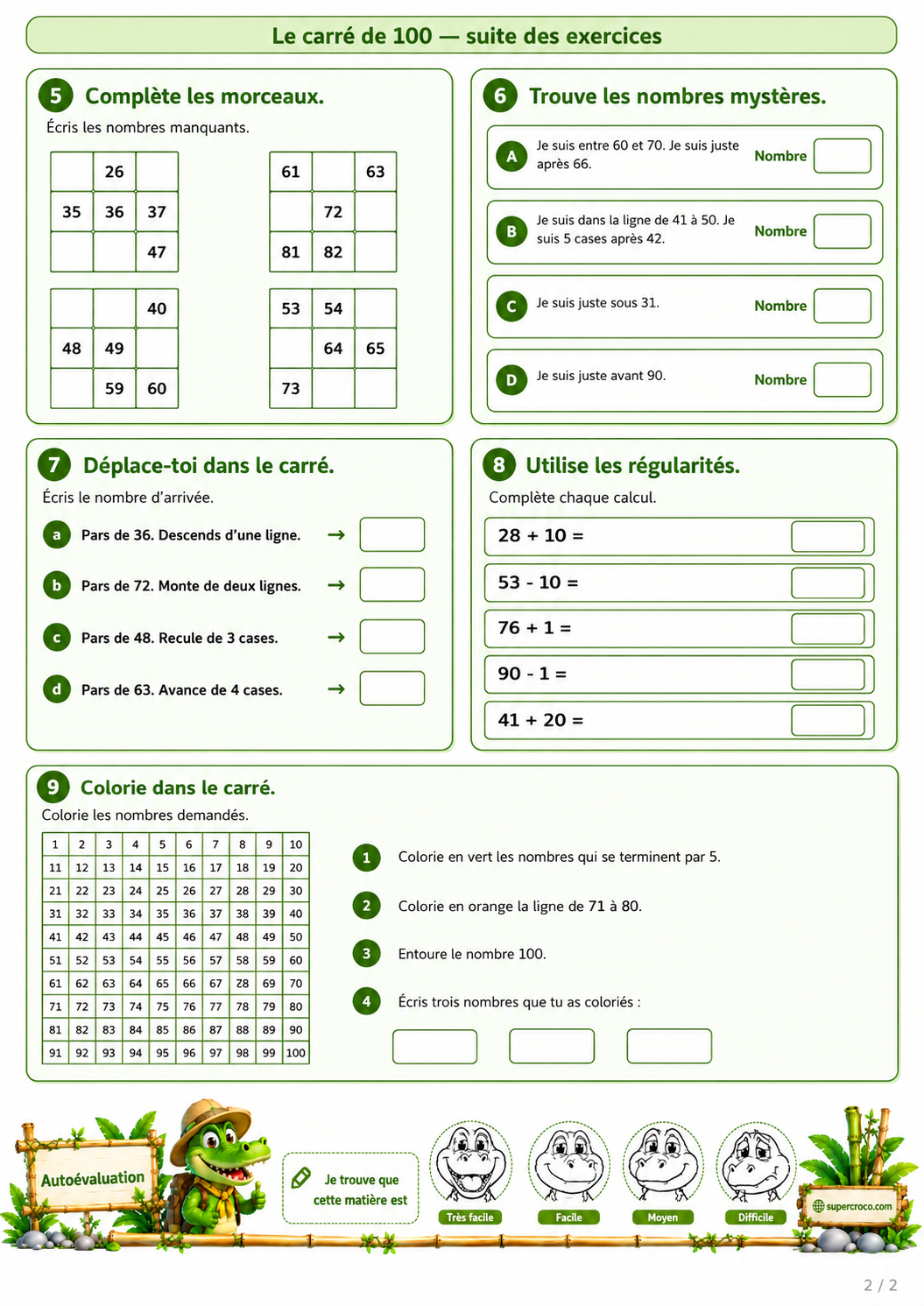 Deuxième page d’une feuille d’exercices de mathématiques sur le carré de 100 pour les élèves de P2 / CE1, avec des activités sur les morceaux de tableau, les nombres mystères, les déplacements, les régularités et le coloriage de nombres.
