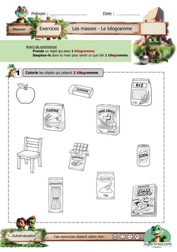 Feuille d’exercice de mathématiques sur les masses pour P1 / CP. L’élève doit observer plusieurs objets du quotidien et colorier ceux qui pèsent 1 kilogramme. La page contient aussi une zone pour le prénom, la date et une autoévaluation avec des smileys.