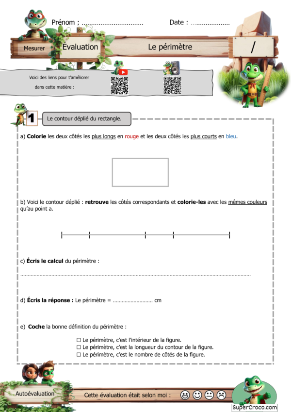 Image d’une évaluation de mathématiques sur le périmètre pour les élèves de P2 / CE1. La feuille présente un exercice sur le contour déplié d’un rectangle, avec un rectangle à observer, une ligne représentant son contour, un calcul du périmètre à écrire et une définition à cocher.