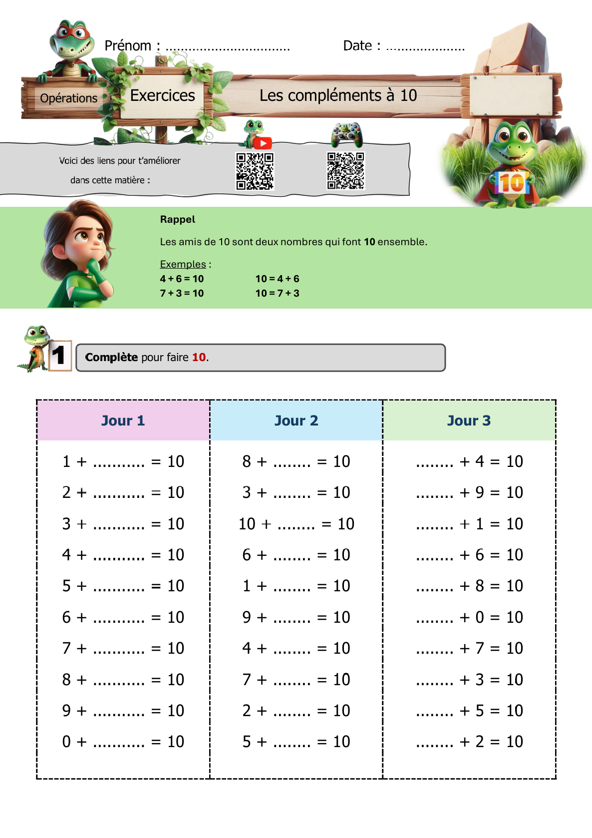 Exercices sur les compléments de 10 pour P1-P2 / CP-CE1, avec des calculs à trous organisés en jours 1 à 3.