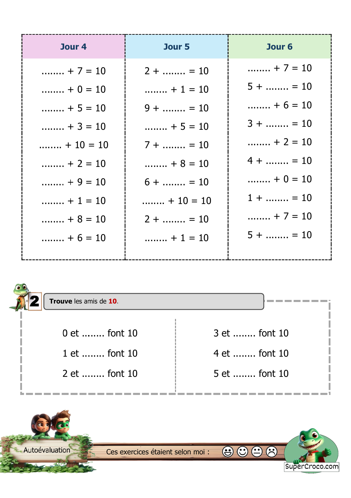 Suite des exercices sur les compléments de 10 pour P1-P2 / CP-CE1, avec des calculs à trous pour retrouver le nombre manquant.