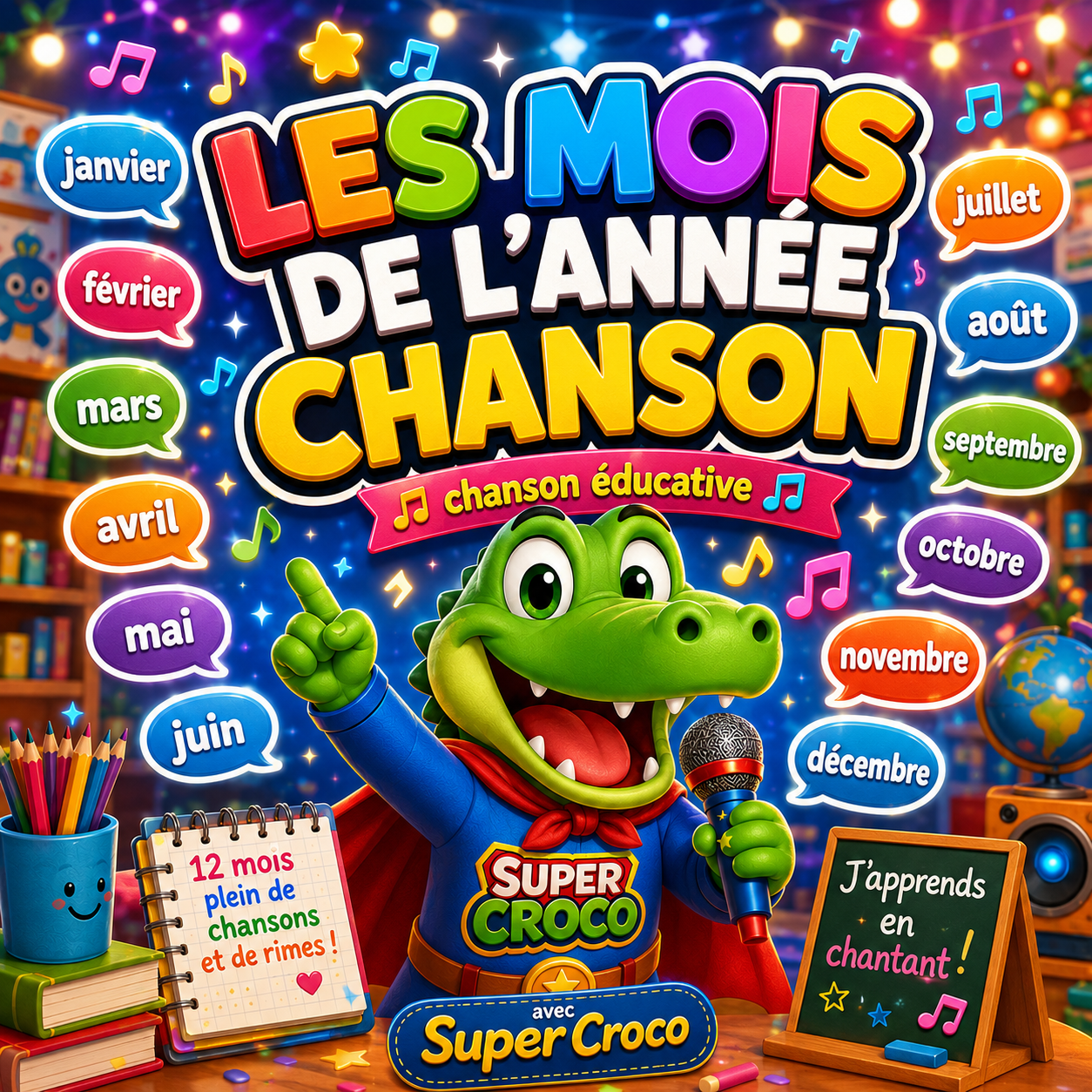 Pochette de single pour enfants montrant SuperCroco en super-héros qui chante les mois de l’année dans une salle de classe colorée, entouré de bulles avec les 12 mois, de notes de musique et du titre « Les mois de l’année – Chanson ».