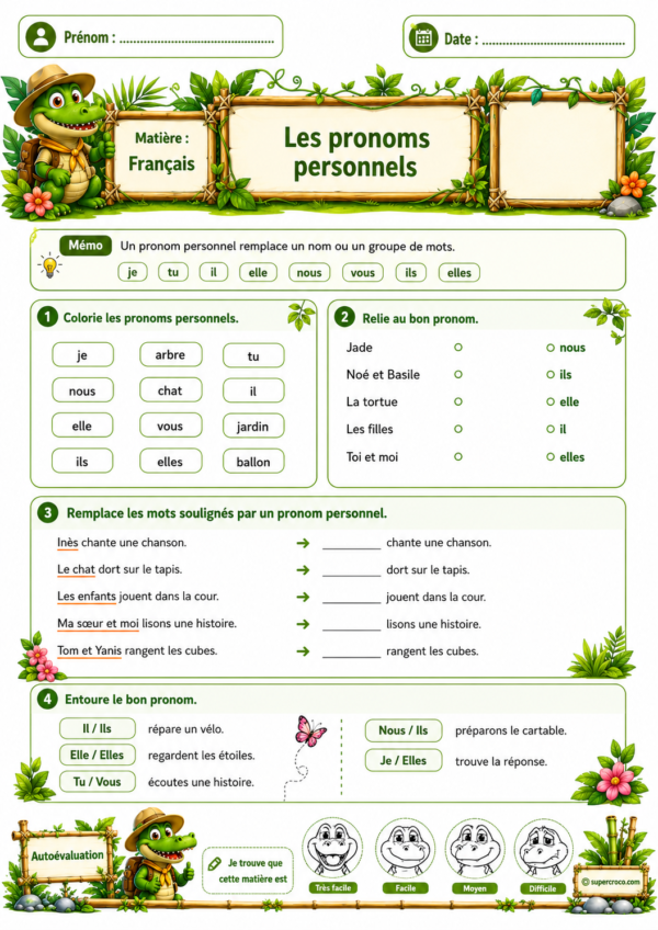 Feuille d’exercices colorée sur les pronoms personnels pour les élèves de P2 / CE1, avec des activités pour reconnaitre, associer et remplacer des noms par les pronoms je, tu, il, elle, nous, vous, ils et elles.