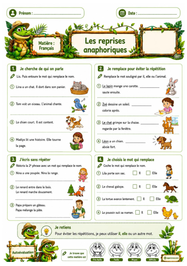 Feuille d’exercices de français pour les élèves de P2 / CE1 sur les reprises anaphoriques, avec des activités pour remplacer les noms par il, elle ou un autre mot afin d’éviter les répétitions.