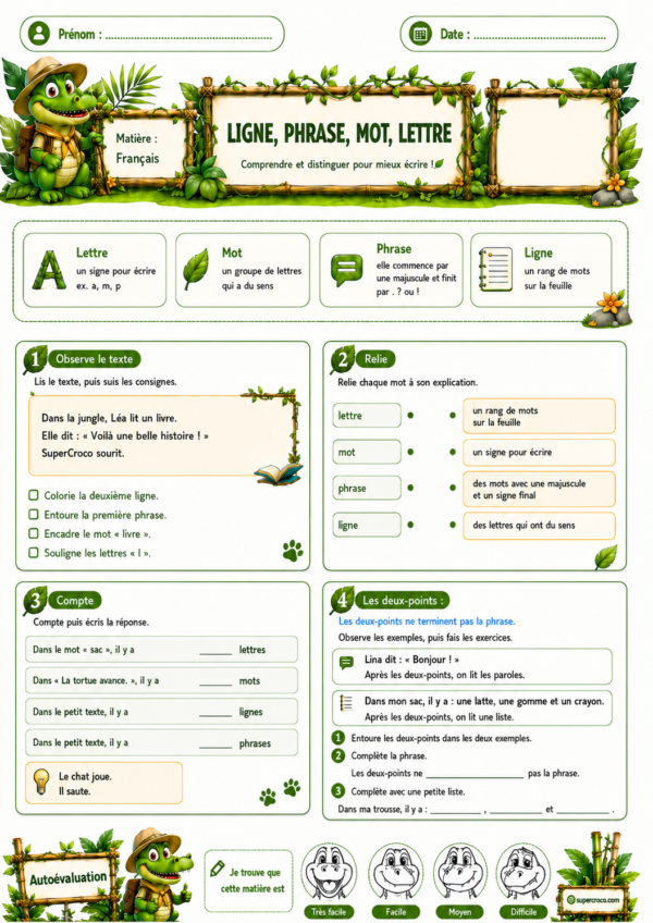 Feuille d’exercices de français P2 / CE1 sur les notions de ligne, phrase, mot et lettre, avec des activités de repérage, de comptage et une initiation aux deux-points.